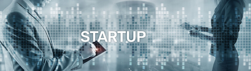 Start up New Business Corporate Concept. Background with silhouettes on the background of the city.