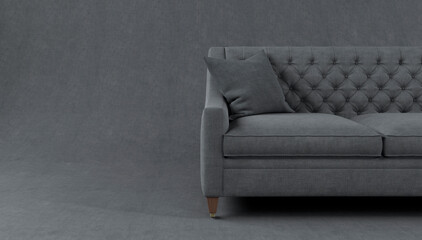 Modern scandinavian classic gray sofa with legs and pillows on gray background. Furniture, interior object, stylish sofa. Gray monochrome interior, showroom. Fabric sofa front view. Single piece