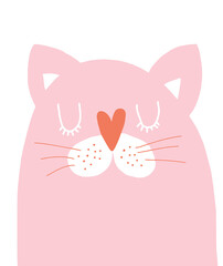 Cute Birthday Vector Illustration with Dreamy Cat. Pastel Pink Hand Drawn Kitty Isolated on a White Background. Infantile Style Nursery Art Ideal for Card, Invitation Wall Art, Poster, Greeting.