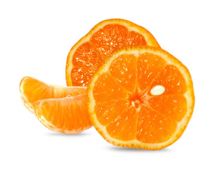 Tangerine halves and wedges isolated on white background.