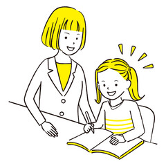 手描き1color　お勉強を見てもらう女の子