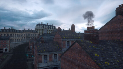 Rooftops of a steampunk city. Vintage urban landscape against stormic clouds. Evening on an empty street with old brick houses. Photorealistic 3D illustration. Grunge Victorian scene.