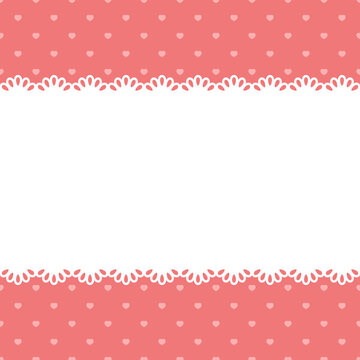 blank template, layout: white lace stripe on a pink background with polka dots in hearts, vector illustration.