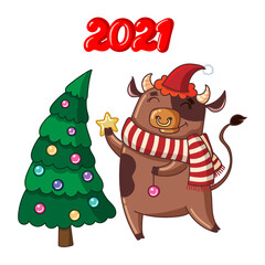 A cute cartoon bull in a Santa hat and scarf decorates the Christmas tree with Christmas balls and a gold star. Christmas character. Vector illustration for a greeting card. Symbol of 2021.