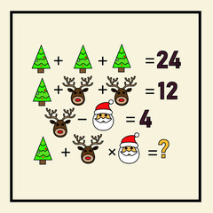 New Year's riddle. Preschool or kindergarten Christmas puzzle. Mathematical counting game for children and adult. Mathematic riddle for the mind. Riddle with numbers. Vector