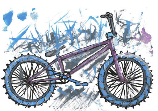 purple bicycle on winter studded tire painted with watercolors