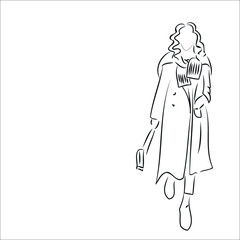 girl in a coat. card. Wavy hair. sketch. fashion. style, stylist. print for clothes. design of social networks. image of a girl. winter bow. spring, autumn, winter. black outline. vector eps 10.
