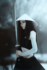 White samurai ninja cute girl outdoors in winter © kittyeastarea