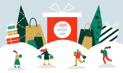 Christmas shopping concept illustration. 50 procent winer sale. Women running after shopping with gifts and bags. Vector illustration.