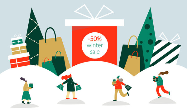 Christmas Shopping Concept Illustration. 50 Procent Winer Sale. Women Running After Shopping With Gifts And Bags. Vector Illustration.