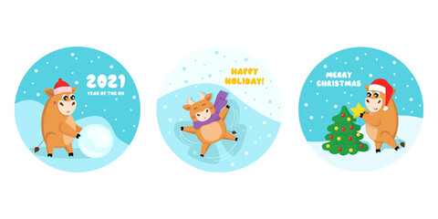 Merry Christmas and New year greeting cards set in the form of Christmas balls with cute little bulls. Vector collection for your design Vector collection for your design isolated on white background