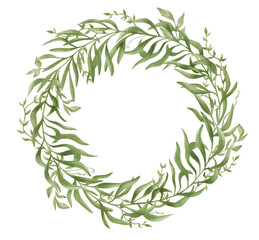 Watercolor wreath with green leaf. Floral frame with summer plant. Nature ornament. Botanical illustration for invitation, card, covers
