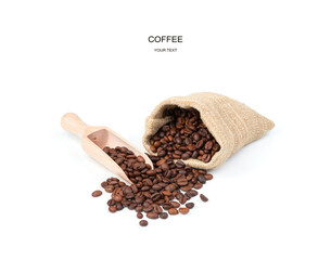 Spilling coffee beans from a linen bag and a wooden spatula on a white background. Side view with space for copying. Coffee background.