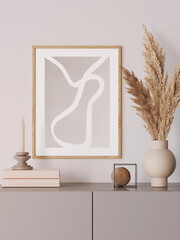 3d render of a modern grey mockup interior with wooden frame on an empty wall and a light beige vase with pampas grass