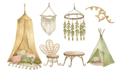 Watercolor illustration with cute furniture for children in boho style. Nursery decoration, chair, tent, canopy for baby bed. Decor for children room isolated on white