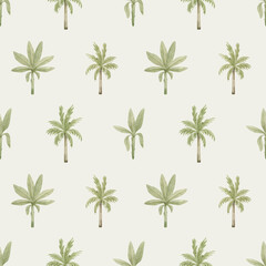 Watercolor seamless pattern with tropical palm trees. Banana palm. Gently green background with wildlife jungle elements. Cute vintage wallpaper, wrapping