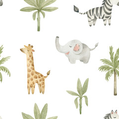 Watercolor seamless pattern with cute African animals. Elephant, giraffe, zebra, palm trees. Cute background for nursery design, baby textile