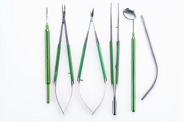 beautiful dental instruments for dental surgery, filmed on a white background