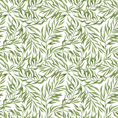 Naklejka na ściany i meble Watercolor seamless pattern with green summer leaves, branches. Delicate floral background. Hand drawn botanical print, design with leaf, plant, nature elements