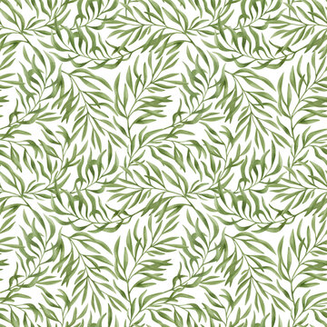 Watercolor seamless pattern with green summer leaves, branches. Delicate floral background. Hand drawn botanical print, design with leaf, plant, nature elements