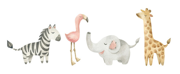 Watercolor illustration set with cute toys for kids. Zebra, flamingo, elephant, giraffe. Nursery design elements. Hand drawn animals. Baby home decor