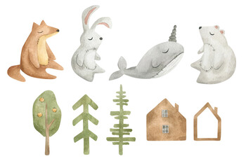 Watercolor illustration set with cute toys for kids. Fox, rabbit, narwhal, polar bear, trees, houses. Nursery design elements. Hand drawn animals. Baby home decor