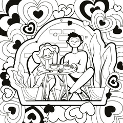 coloring book, greeting card, banner for valentine's day, girl and guy on a date, sitting at a table in a cafe, two cups of cappuccino, rose, vector illustration