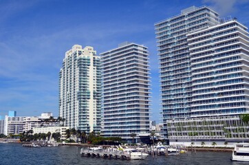 Luxury condo towers on the West Bank of Biscayne Bay in Miami Beach,Florida