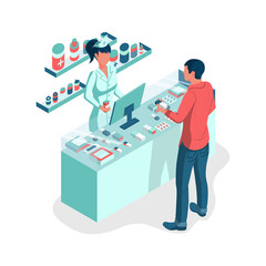 Doctor pharmacist in pharmacy. Man patient in drugstore. Web banner, template infographics. Shelves with medicines and pills. Nurse is at sales counter. Healthcare conceptual. Vector isometric design