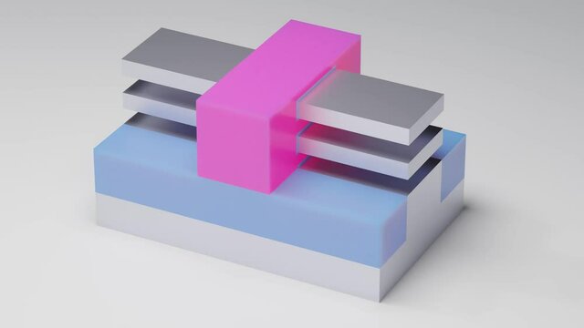 MBCFET (Nano sheet, nano ribbon) transistor 3D render model. It is used for advanced semiconductor chips at nano level. Pink - Gate, blue - Insulator, silver - Silicon substrate.