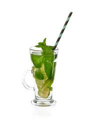 Fresh homemade lemonade with mint and straw in iced glass on white background