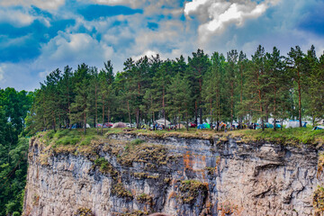 Camp on a rocky cliff. River Ai, South Ural.