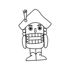 Nutcracker from a Christmas winter fairy tale. Vector outline on a white background. Hand drawn doodle vector illustration. Design for printable cards, invitations, children's coloring