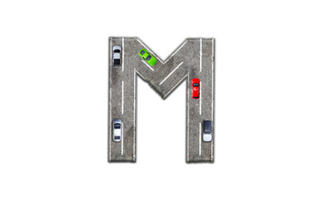 The letter M of the English alphabet made from an asphalt road on which cars are driving, 3D illustration