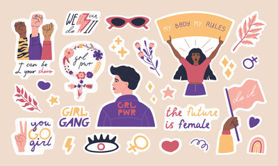 Big collection of trendy feminism stickers, cute woman characters and inspiration quotes. International women's day. Modern motivation pack, girls power. Colored vector flat cartoon illustration.