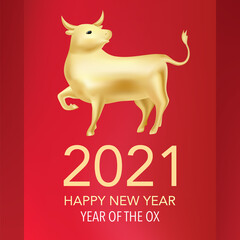 Gold Ox, Symbol of 2021 New Year, Golden Metallic Bull isolated on a white background.