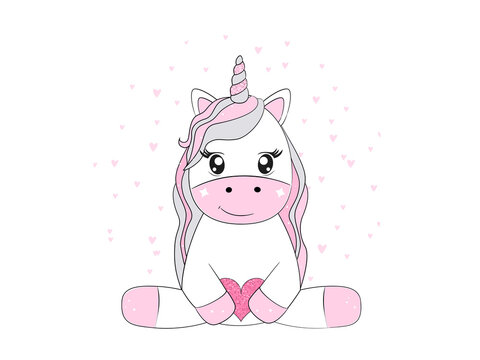 Cute unicorn baby girl holds the heart. Vector illustration in cartoon style.