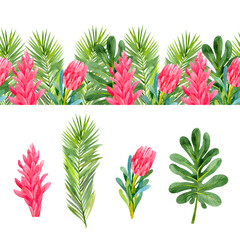 Seamless border with bright tropical flowers and leaves. Set with tropical plants (palm leaves, protea)