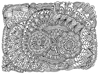 Floral mandala ornament with flowers and leaves. Doodle ornated coloring page for adults. Abstract trippy pattern. Vector artwork