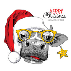 Adorable Cow in the red Santa's hat, in the glasses and with a star. Merry Christmas and New year card, Humor composition, hand drawn style print. Vector illustration.