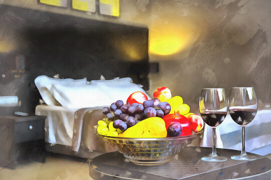 Still life with wine glasses and fruits romantic celebration