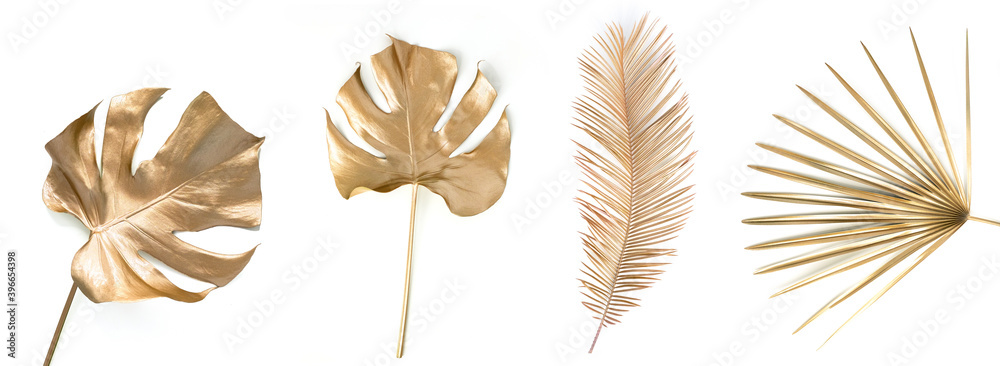 Wall mural set of golden palm leaves on white.