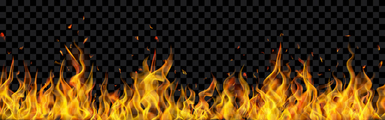 Translucent fire flames and sparks with horizontal repetition on transparent background. For used on dark illustrations. Transparency only in vector format © Olga Moonlight
