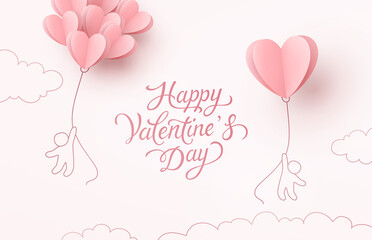 Hearts balloons with people flying on pink background. Vector love postcard for Happy Valentine's Day greeting card design