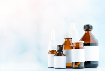 various medicines on a light blue background