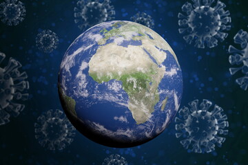 The earth under coronavirus covid-19 attack. The planet earth surrounded by coronavirus particles concept