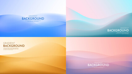 Vector illustration. Minimalist wavy posters. Bright gradient color. Futuristic style. Website template. Abstract landscapes: desert, hills, sunset scene, sea waves. Shiny panoramic wallpaper. © VVadi4ka