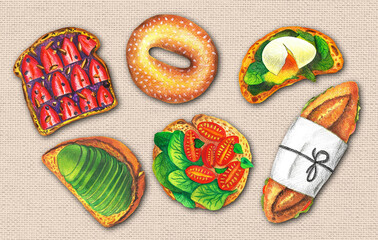 Set of healthy vegetarian sandwiches. Traditional hand drawn illustration