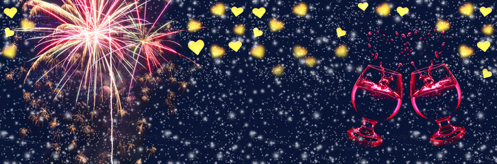 Fototapeta premium Festive widescreen background with heart-shaped bokeh, snow, fireworks and wine glasses. Art design, banner