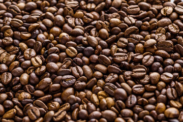 Fresh roasted coffee bean background. Background of roasted coffee beans, top view